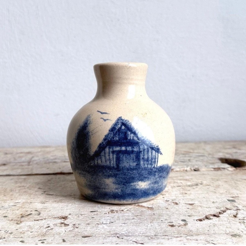 Vintage Paul Storie Pottery Marshall TX Blue Barn Bud Vase Signed 1995